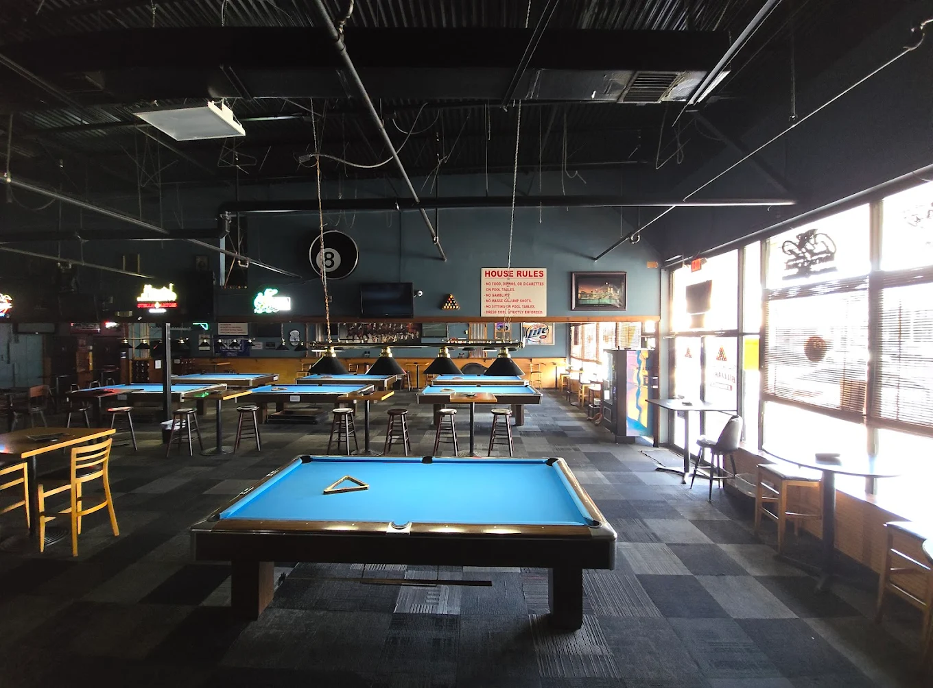 Backstage Billiards pool hall exterior/interior