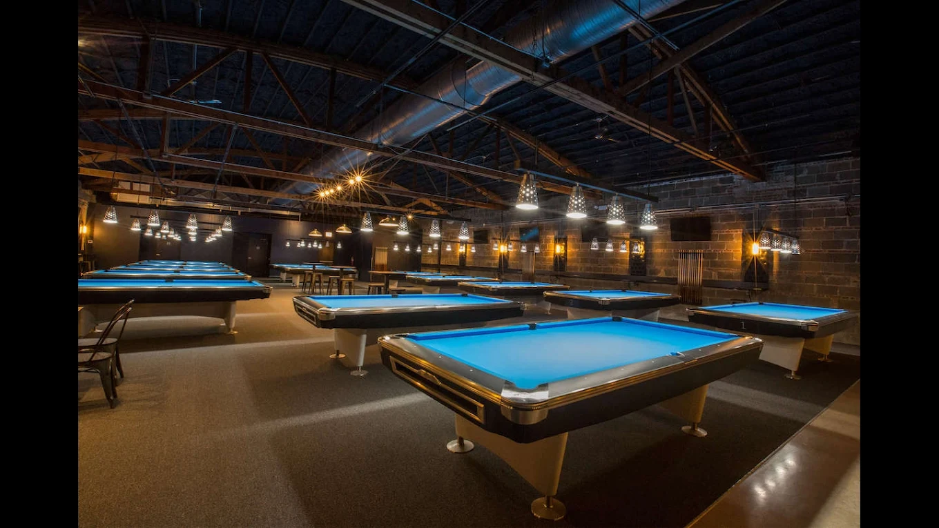 Surge Billiards Albany Park pool hall exterior/interior