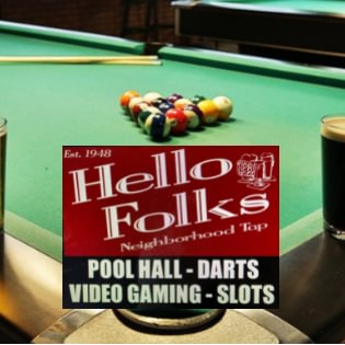 Hello Folks pool hall exterior/interior