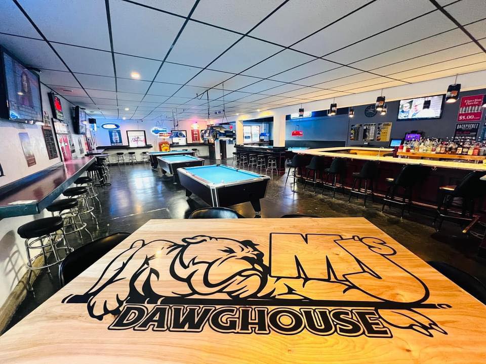MJ's Dawghouse pool hall exterior/interior